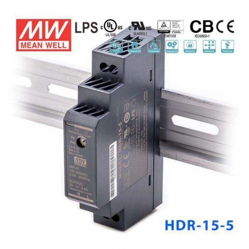 HDR-15-5 Mean well SMPS - 5V 2.4A 12W Din Rail Metal Power Supply HDR-15-5 Mean well SMPS - 5V 2.4A 12W Din Rail Metal Power Supply