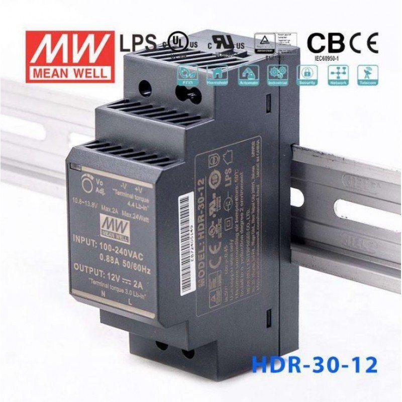 HDR-30-12 Mean well SMPS - 12V 2A 24W Din Rail Metal Power Supply HDR-30-12 Mean well SMPS - 12V 2A 24W Din Rail Metal Power Supply