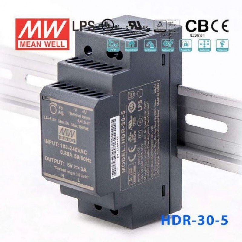 HDR-30-5 Mean well SMPS - 5V 3A 15W Din Rail Metal Power Supply ...