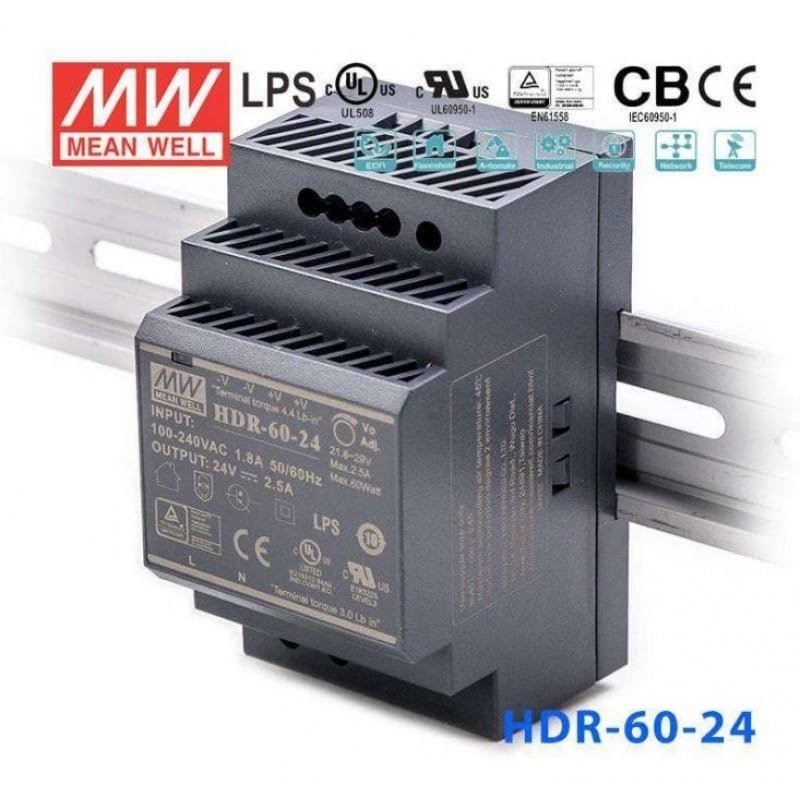 HDR-60-24 Mean well SMPS - 24V 2.5A 60W Din Rail Metal Power Supply