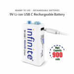 Infinite ENVIE 9V 900mAh Li-ion USB C Rechargeable Battery